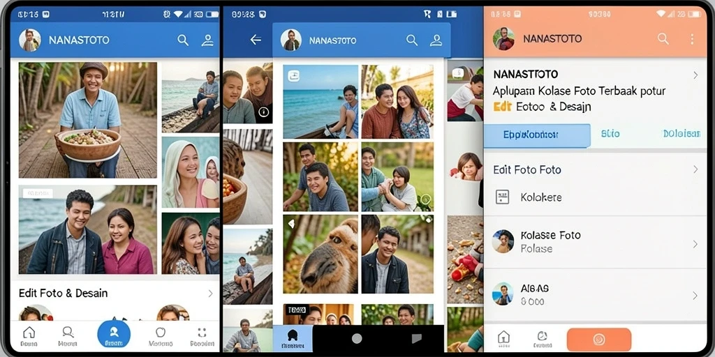 Screenshot antarmuka NANASTOTO dengan kolase foto menarik.